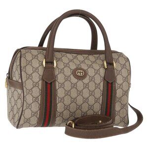 GUCCI GG Supreme Web Sherry Line Boston Bag PVC 2way Beige Gold Auth 97302